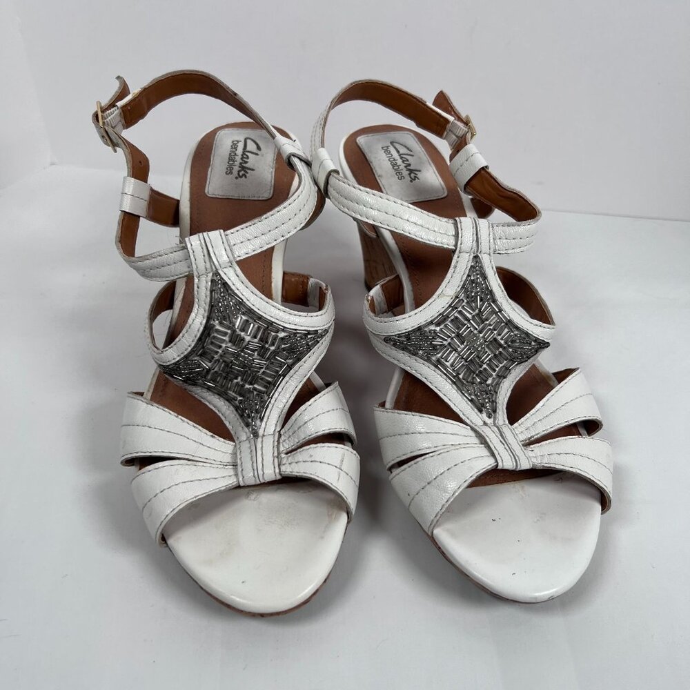 Clarks Bendables White Leather Sandals‎ Wedge Cork Heel Open Toe Womens 9